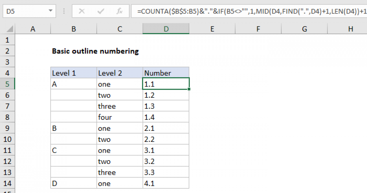 Basic Outline Numbering Excel Formula Exceljet